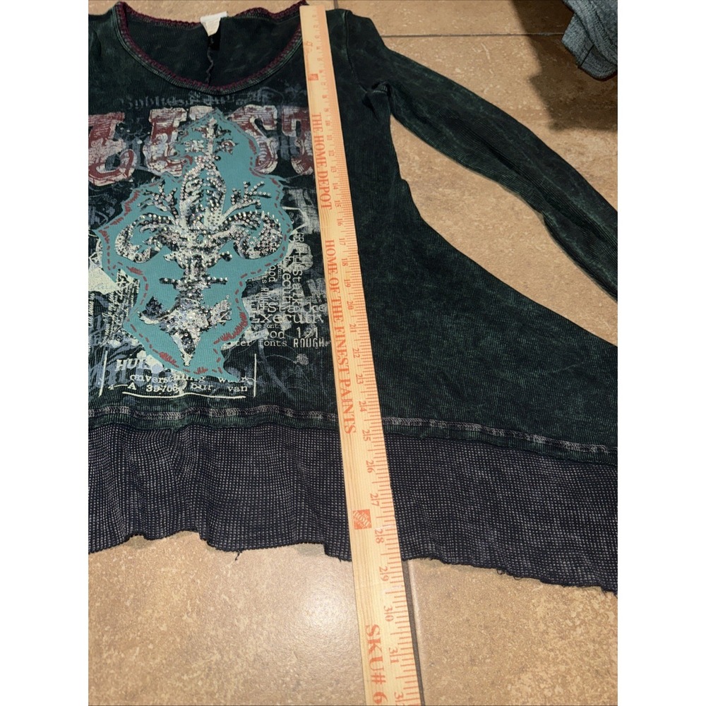Vintage Women's Lust Embelished Dark Green Long Sleeve Tunic Y2K Grunge Fairy - Picture 8 of 10